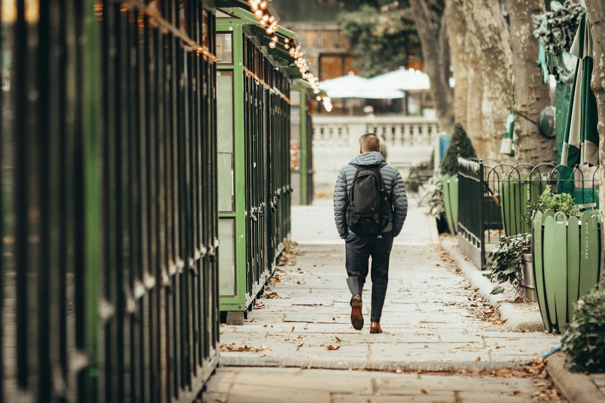 A pedestrian walking along a level paved path